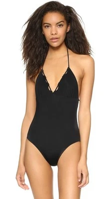 TRAJE DE BAÑO SHOSHANNA SÓLIDO VIEIRA CUERDA CORBATA HALTER UNA PIEZA NEGRO TALLA 4 $198 Foto 1 de 2