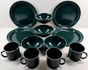 12 Pc Enamelware Green White Speckled Plates Bowls Mugs Set Camp Hike Hunt Lot - Picture 1 of 24
