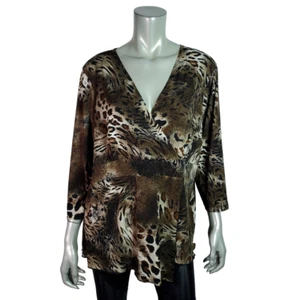 Susan Lawrence Top Plus Size 2X Animal Print Empire Waist Stretch V-Neck Brown - Picture 1 of 6
