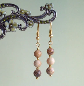 Pretty Picture Jasper Gemstone Bead Gold Plated Drop Earrings in Gift Bag - Picture 1 of 3