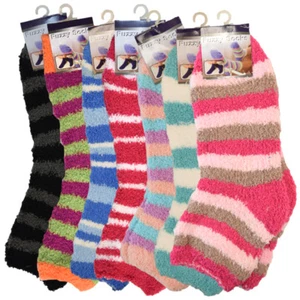 WHOLESALE LOT 12 PAIRS 1 DOZEN WOMEN FUZZY ASSORTED STRIPE SUPER SOFT SOCKS - Picture 1 of 8