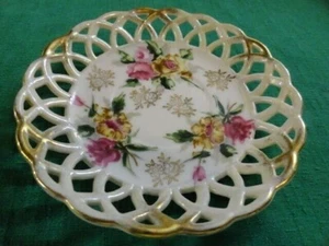 Pierced Reticulated Lattice Saucer w/Gold Trim, Pink & Gold Flowers - Picture 1 of 4