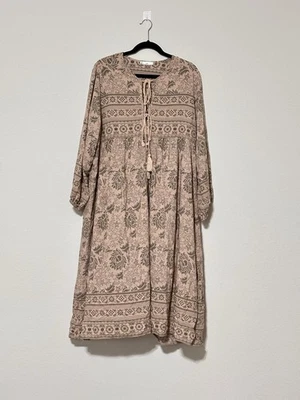 R.Vivimos Boho Peasant Dress Long Sleeve Tassels Maxi Relaxed Floral Tan Sz 2XL - Image 1 of 4