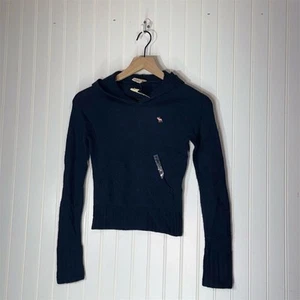 Vintage Abercrombie Wool Knit Hoodie Navy Pullover Kids Small Y2K Preppy NWT - Picture 1 of 8