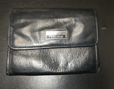 Carteira vintage PERLINA couro preto, bolsa de moedas com fecho de pressão dobrável superior - Imagem 1 de 4