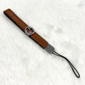Gucci Men's Phone Strap Key Ring Brown Black Silver G Logo Leather Accessories - Picture 1 of 5