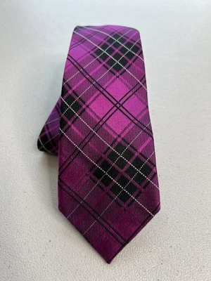 Geoffrey Beene Magenta/Black Plaid Pattern 100% Silk Handmade Designer Tie - Image 1 of 4