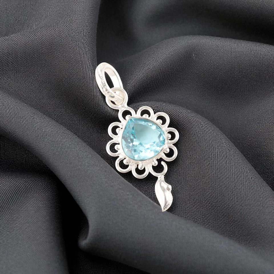 Sky Blue Topaz Gemstone 925 Sterling Silver Jewelry Partywear Pendant 1.80" Gift - Image 1 of 4