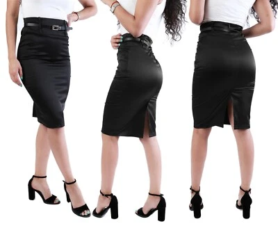 women black satin skirt stretch midi pencil vintage skirt back vent free belt - Image 1 of 4