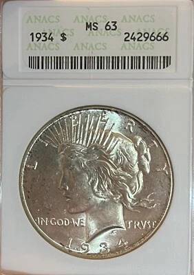Dólar de plata de la paz ANACS MS63 1934 Soapbox Foto 1 de 4