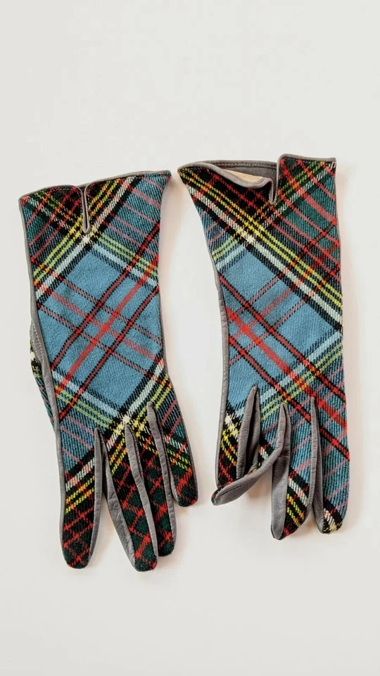 复古 Stuart 手套 50 年代格纹织物皮革手套 尺寸 XS 6 英国制造 — 第 1/4 张图片