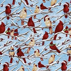 Tela azul 100 % algodón Season Greetings Birds Cardinals por yarda - Imagen 1 de 1