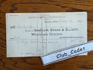 1891 BILLHEAD Detroit Michigan ~ Sinclair, Evans ~ 5 KEGS HOTEL FANCY SYRUP - Picture 1 of 1
