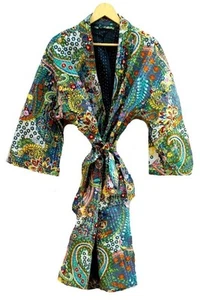 Paisleymuster Bademantel, reine Baumwolle Handarbeit Kantha Stitch Morgenmantel, Baumwollkimono, - Bild 1 von 6