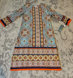 Abito donna nuovo con etichette London Times multicolore arancione acqua manica 3/4 geometrico tg 12 - Foto 1 di 12