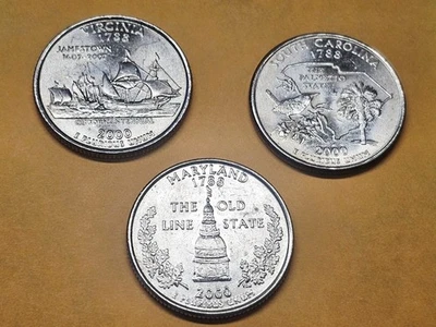 ☆AU 2000 TRIO LOT STATE QUARTERS☆ VA-P, SC-P & MD-D☆ VERY Shiny☆RARE Collection☆ - Image 1 of 4