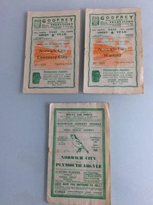 3 X NORWICH CITY HOMES V PLYMOUTH 1952, WATFORD 1954, COVENTRY 1955 - Picture 1 of 1