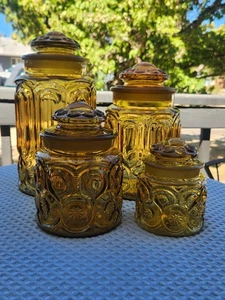 Vtg MCM LE Smith Amber Glass Moon & Star Canisters Gold Set of 4 Retro Boho Chic - Picture 1 of 17