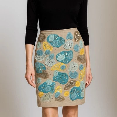 Lafayette 148 Straight Skirt Size:14 Beige Linen Silk Blue Yellow Leaves Beaded - Image 1 of 4