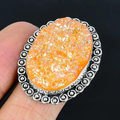 Orange Titanium Druzy 925 Silver Plated Handmade Ring of US Size 7 - Image 1 of 3