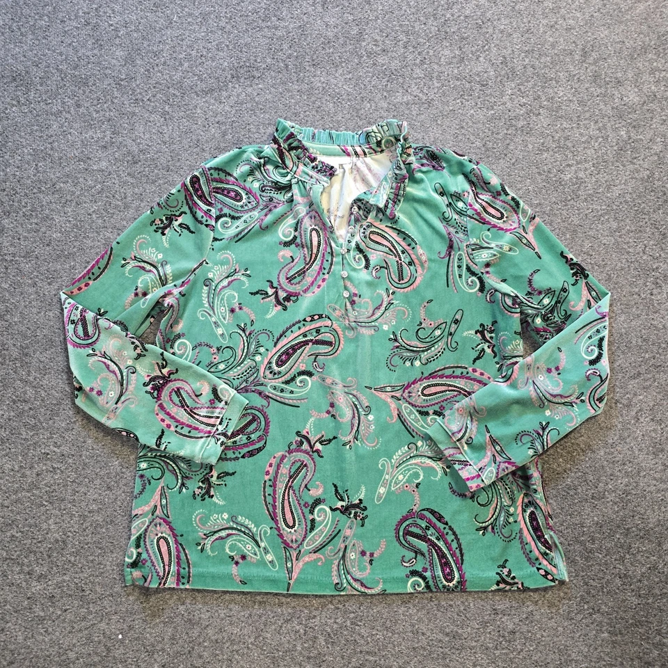 Top Charter Club Mujer Talla Grande Verde Rosa Paisley Terciopelo Manga Larga Informal Foto 1 de 4