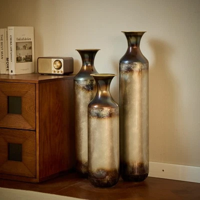 Vintage Large Metal Floor Vases Set of 3,Distressed Metallic Centerpiece Vases - Image 1 of 4