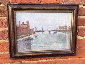 VINTAGE IMPRESSIONIST OIL PAINTING OF FULHAM POWER STATION, BRIDGE & THAMES - Picture 1 of 15