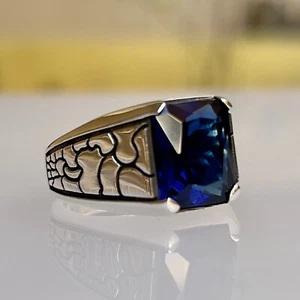 Men's Ring 925 Sterling Silver Turkish Jewelry Blue Zircon Stone All Size - Picture 1 of 6