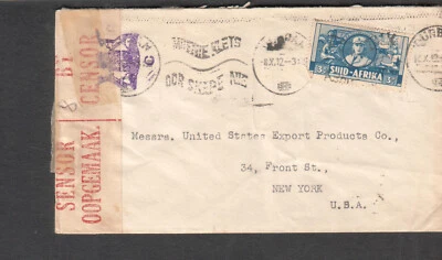 South Africa 1942 WWII censor cover Monarch Clothing Durban to US Export Prod NY - Image 1 of 2