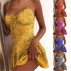Damen Blumendruck V-Ausschnitt Minikleid Rückenfrei Kleid Sommer A-Linie Kleid Clubwear - Bild 1 von 14