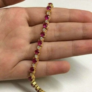 7 Ct Round Simulated Ruby Women's Flower Tennis Bracelet 14K Yellow Gold Plated - Picture 1 of 4