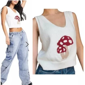 Hollister Women Preppy Mushroom Knit Cropped Tank Top Sweater Vest Size XS White - Picture 1 of 6