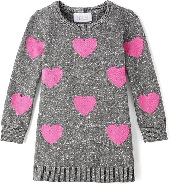 The Children's Place Baby Girls and Toddler Pink Heart Long Sleeve Sweater Dress - Image 1 of 1
