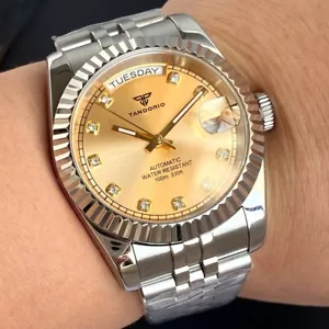 Tandorio 36mm NH35 20ATM Dive Automatic Watch Men Gold Diamond Index Date Week - Picture 1 of 5