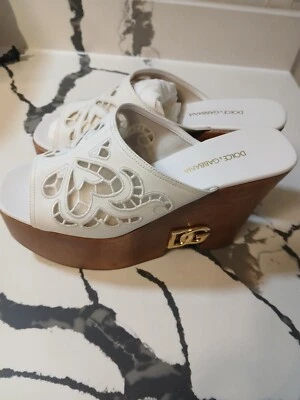 NUEVO Sandalia de cuña de madera de encaje blanco Dolce & Gabbana talla 39 Foto 1 de 4