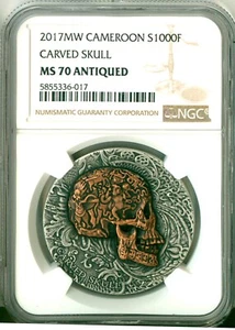 2017 MW Cameroon S1000F Carved Skull NGC MS70 Antiqued - Picture 1 of 5