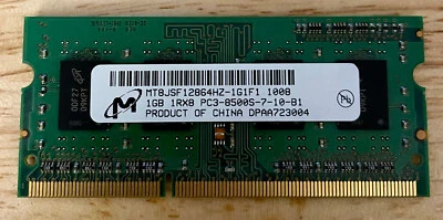 MICRON 1GB MT8JSF12864HZ-1G1F1 7-10-B1 DDR3 SODIMM PC3-8500 1066MHZ -- TESTED - Image 1 of 2