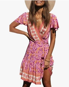 Women's Casual V-Neck Sundress Boho Floral Rayon Artsy Wrap Mini Dress Medium - Picture 1 of 17