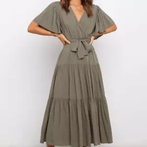 Tie Waist Tiered Short Sleeve Midi Dress Butterfly Sleeve Dark Olive sz Large - Picture 1 of 5