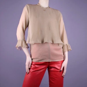VINTAGE Womens 70s 80s Pleated Sheer Crop Ladies Frill Ruffle Blouse Top S Small - Picture 1 of 12