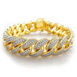 18K Gold Plated Iced 2-Row Lab CZ CUBAN Miami Link Bracelet 15mm - Picture 1 of 5