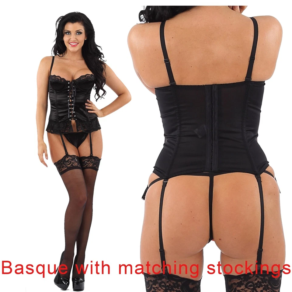 Black Satin Basque Corset & Stockings Thong Lingerie Hook & Eye Size 44C - Image 1 of 1