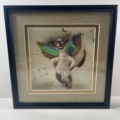 Original Wall Art Picture Mixed Media Alison Kurek Signed 3D Angel Cat Kitty - Image 1 of 4