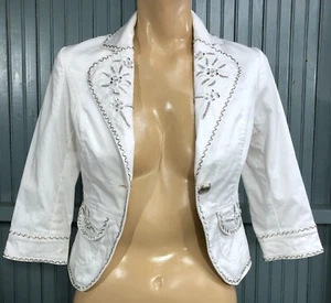 Crystal Blend Cotton Blend Stretch White M Bedazzled Ladies Short Blazer Jacket - Picture 1 of 10
