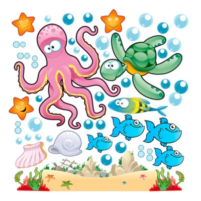 Piovra tartaruga fondale pesci adesivi murali cameretta wal sticker cm. 35x35 - Immagine 1 di 2