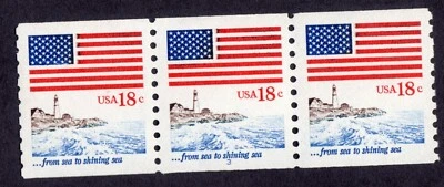 Scott #1891 Flag over Lighthouse (Sea to Shining Sea) Coil of 3 Stamps - MNH P#3 - Image 1 of 3