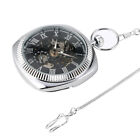 Men's Luxury Silver Square Hand Wind Mechanical Pocket Watch with Snake Chain