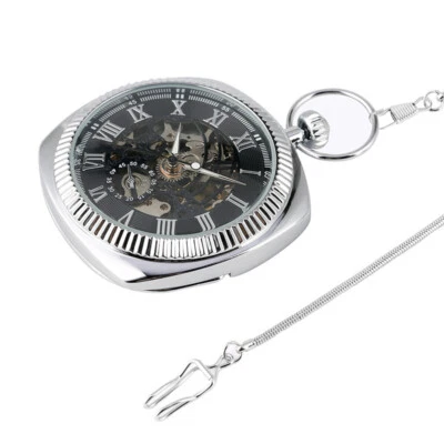 Men's Luxury Silver Square Hand Wind Mechanical Pocket Watch with Snake Chain - Image 1 of 4