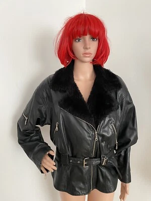 Genuine Black Leather w/ Faux Fur Collar Aviator Bomber Moto Biker Jacket Size L - Image 1 of 4