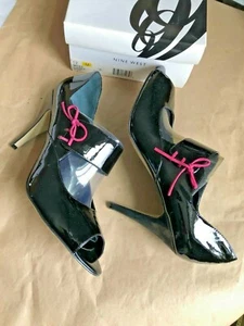 WOW! Nine West HUILIO Wide Cuff Lace-Up Open Toe Pumps BLACK PATENT LEATHER 12M - Picture 1 of 6